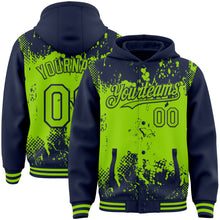 Load image into Gallery viewer, Custom Navy Neon Green Splash Art 3D Pattern Design Bomber Full-Snap Varsity Letterman Hoodie Jacket
