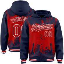 Load image into Gallery viewer, Custom Navy Red-White Splash Art 3D Pattern Design Bomber Full-Snap Varsity Letterman Hoodie Jacket
