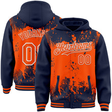 Load image into Gallery viewer, Custom Navy Orange-White Splash Art 3D Pattern Design Bomber Full-Snap Varsity Letterman Hoodie Jacket
