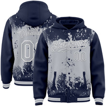 Load image into Gallery viewer, Custom Navy Gray-White Splash Art 3D Pattern Design Bomber Full-Snap Varsity Letterman Hoodie Jacket
