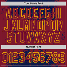 Load image into Gallery viewer, Custom Navy Crimson-Gold Splash Art 3D Pattern Design Bomber Full-Snap Varsity Letterman Hoodie Jacket
