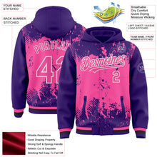 Load image into Gallery viewer, Custom Purple Pink Black-White Splash Art 3D Pattern Design Bomber Full-Snap Varsity Letterman Hoodie Jacket

