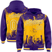 Load image into Gallery viewer, Custom Purple Gold-White Splash Art 3D Pattern Design Bomber Full-Snap Varsity Letterman Hoodie Jacket

