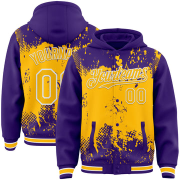Custom Purple Gold-White Splash Art 3D Pattern Design Bomber Full-Snap Varsity Letterman Hoodie Jacket