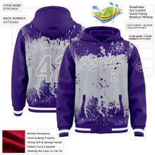Load image into Gallery viewer, Custom Purple Gray-White Splash Art 3D Pattern Design Bomber Full-Snap Varsity Letterman Hoodie Jacket
