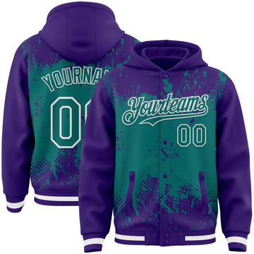 Custom Purple Teal-White Splash Art 3D Pattern Design Bomber Full-Snap Varsity Letterman Hoodie Jacket