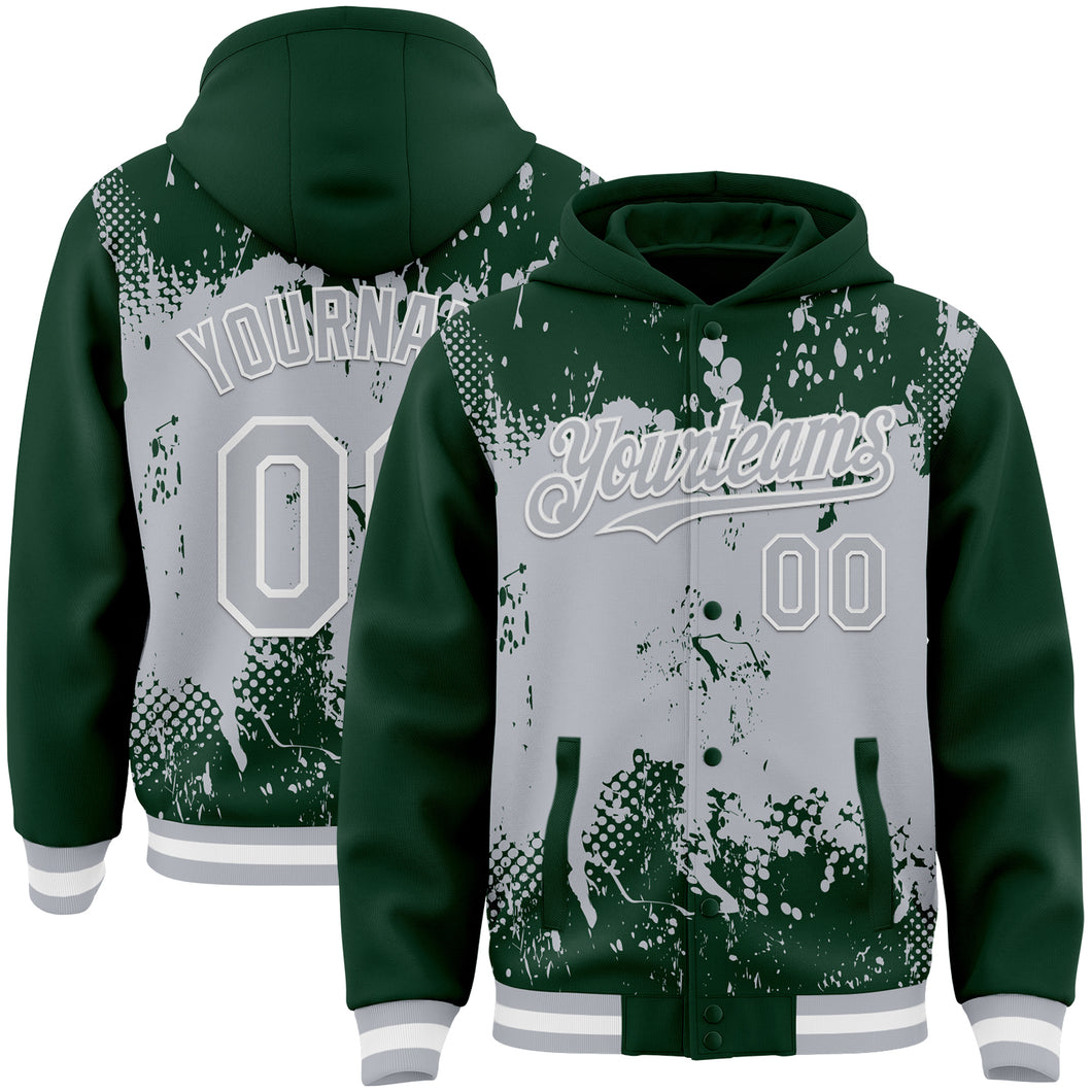 Custom Green Gray-White Splash Art 3D Pattern Design Bomber Full-Snap Varsity Letterman Hoodie Jacket