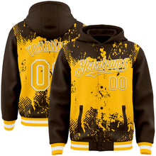 Load image into Gallery viewer, Custom Brown Gold-White Splash Art 3D Pattern Design Bomber Full-Snap Varsity Letterman Hoodie Jacket
