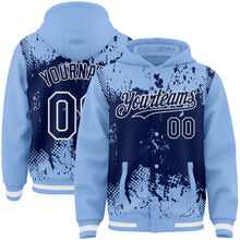 Load image into Gallery viewer, Custom Light Blue Navy-White Splash Art 3D Pattern Design Bomber Full-Snap Varsity Letterman Hoodie Jacket
