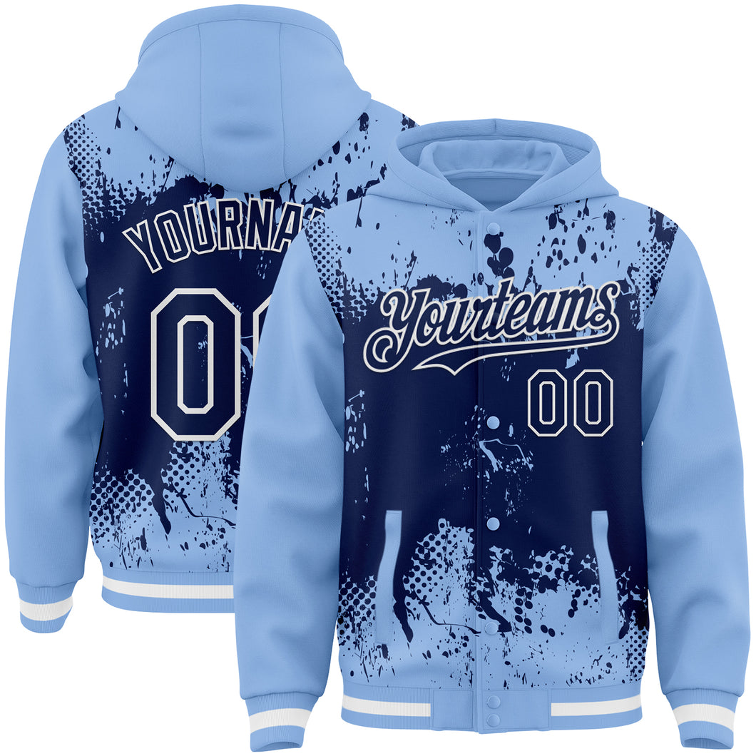 Custom Light Blue Navy-White Splash Art 3D Pattern Design Bomber Full-Snap Varsity Letterman Hoodie Jacket