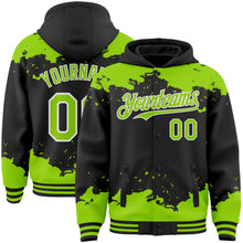 Load image into Gallery viewer, Custom Black Neon Green-White Splash Art 3D Pattern Design Bomber Full-Snap Varsity Letterman Hoodie Jacket
