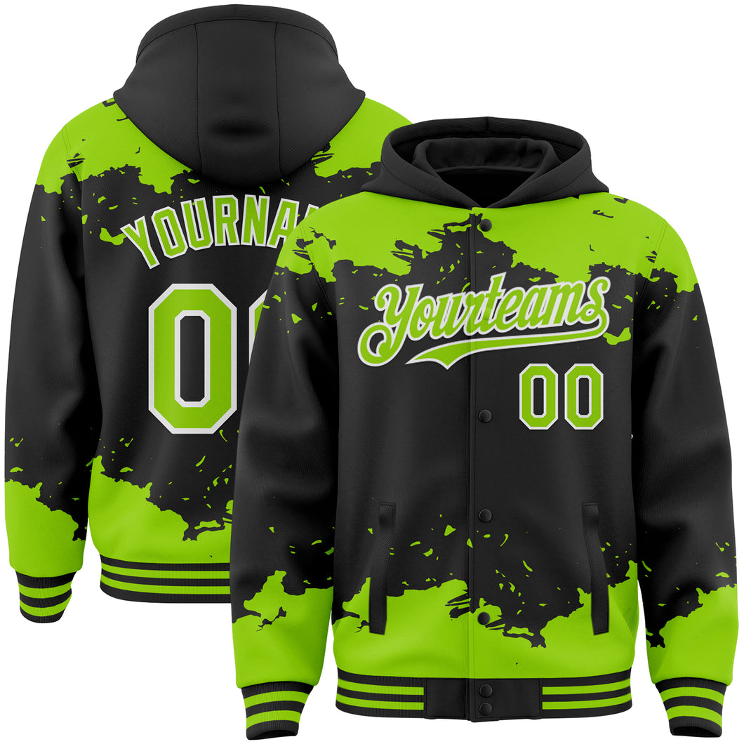 Custom Black Neon Green-White Splash Art 3D Pattern Design Bomber Full-Snap Varsity Letterman Hoodie Jacket