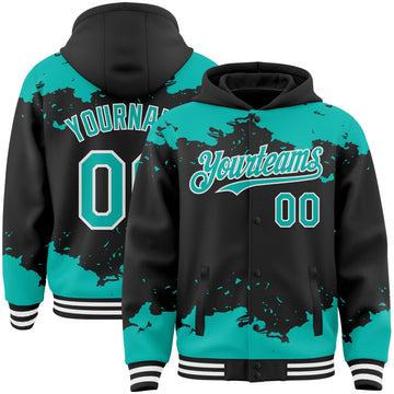 Custom Black Aqua-White Splash Art 3D Pattern Design Bomber Full-Snap Varsity Letterman Hoodie Jacket