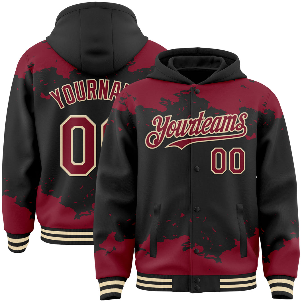 Custom Black Crimson-Cream Splash Art 3D Pattern Design Bomber Full-Snap Varsity Letterman Hoodie Jacket