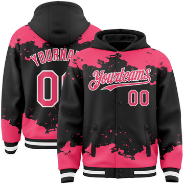 Custom Black Neon Pink-White Splash Art 3D Pattern Design Bomber Full-Snap Varsity Letterman Hoodie Jacket