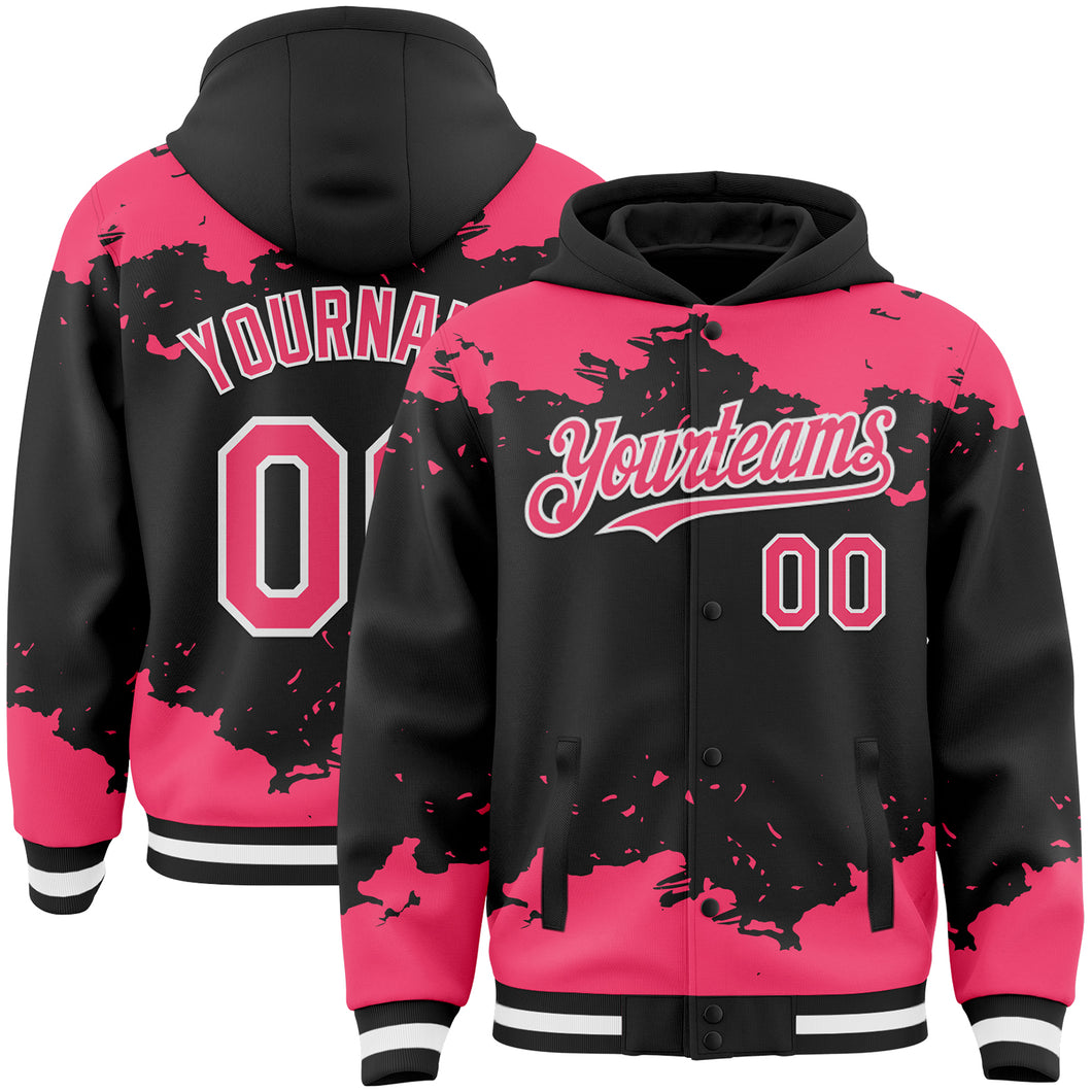Custom Black Neon Pink-White Splash Art 3D Pattern Design Bomber Full-Snap Varsity Letterman Hoodie Jacket
