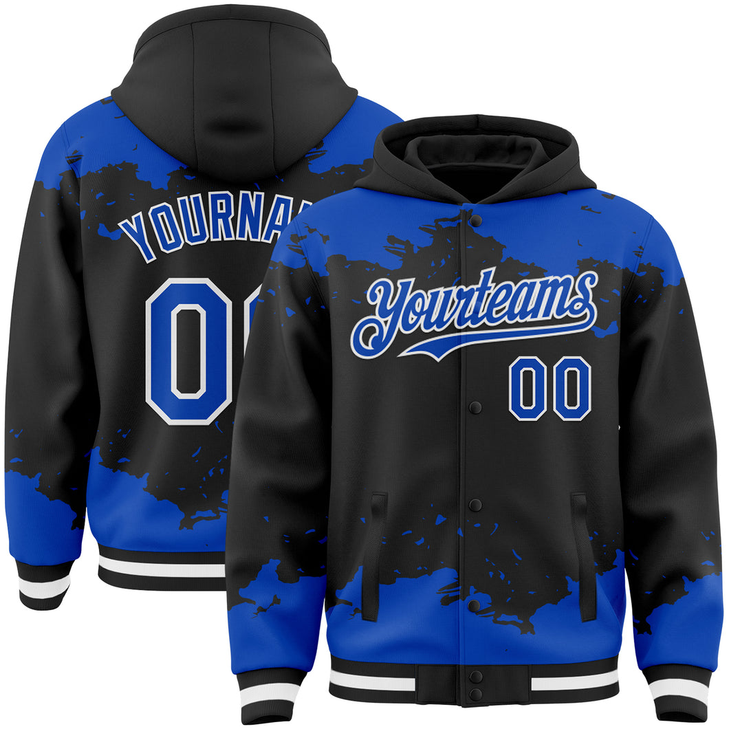 Custom Black Thunder Blue-White Splash Art 3D Pattern Design Bomber Full-Snap Varsity Letterman Hoodie Jacket