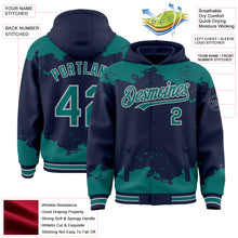 Load image into Gallery viewer, Custom Navy Teal-Gray Splash Art 3D Pattern Design Bomber Full-Snap Varsity Letterman Hoodie Jacket
