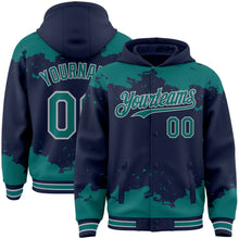 Load image into Gallery viewer, Custom Navy Teal-Gray Splash Art 3D Pattern Design Bomber Full-Snap Varsity Letterman Hoodie Jacket
