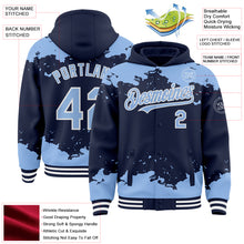 Load image into Gallery viewer, Custom Navy Light Blue-White Splash Art 3D Pattern Design Bomber Full-Snap Varsity Letterman Hoodie Jacket
