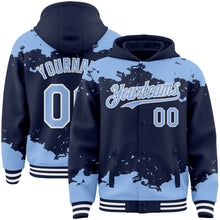Load image into Gallery viewer, Custom Navy Light Blue-White Splash Art 3D Pattern Design Bomber Full-Snap Varsity Letterman Hoodie Jacket
