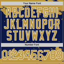 Load image into Gallery viewer, Custom Navy Old Gold-White Splash Art 3D Pattern Design Bomber Full-Snap Varsity Letterman Hoodie Jacket
