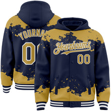 Load image into Gallery viewer, Custom Navy Old Gold-White Splash Art 3D Pattern Design Bomber Full-Snap Varsity Letterman Hoodie Jacket
