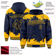 Load image into Gallery viewer, Custom Navy Gold Splash Art 3D Pattern Design Bomber Full-Snap Varsity Letterman Hoodie Jacket
