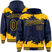 Load image into Gallery viewer, Custom Navy Gold Splash Art 3D Pattern Design Bomber Full-Snap Varsity Letterman Hoodie Jacket

