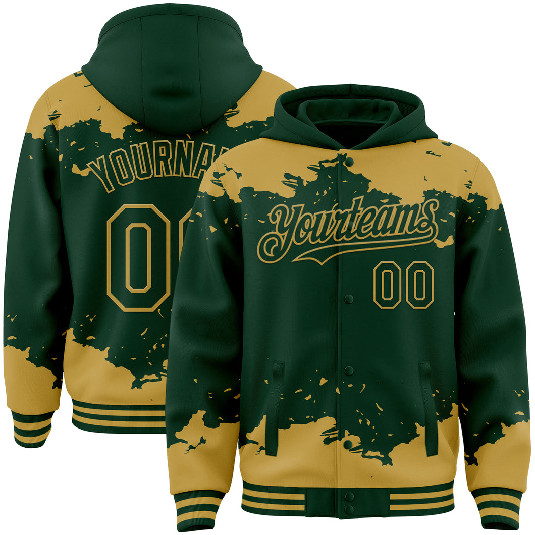 Custom Green Old Gold Splash Art 3D Pattern Design Bomber Full-Snap Varsity Letterman Hoodie Jacket