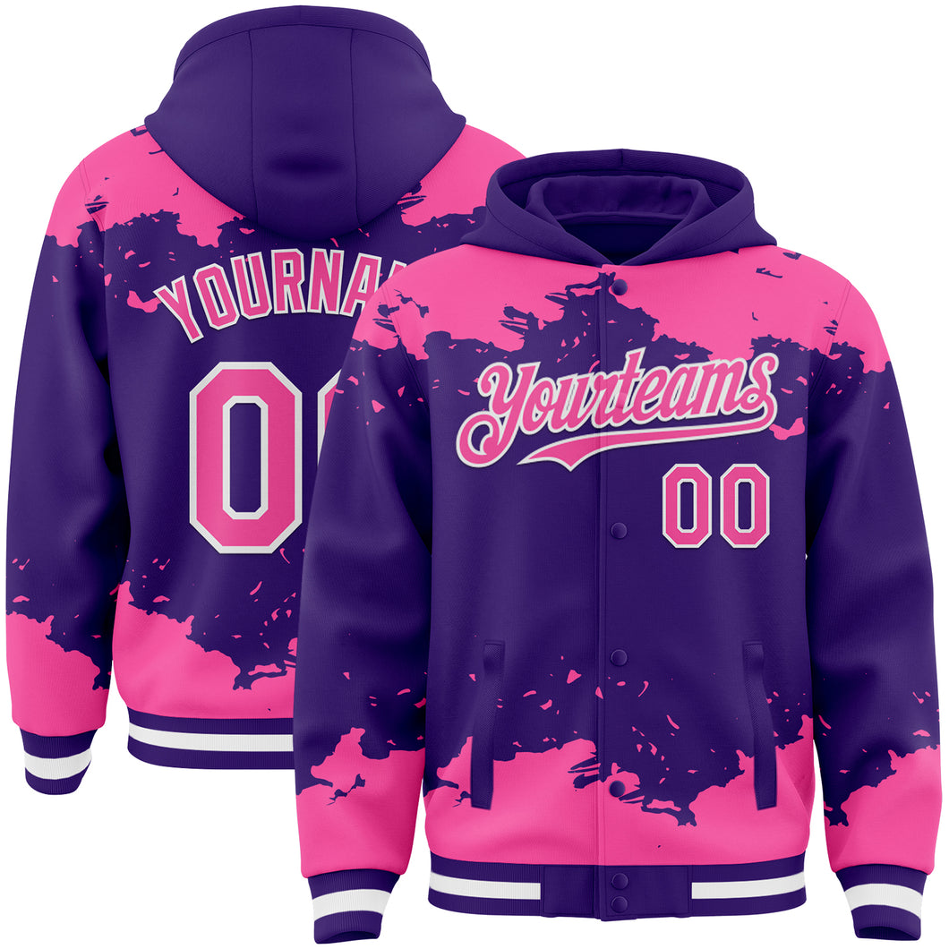 Custom Purple Pink-White Splash Art 3D Pattern Design Bomber Full-Snap Varsity Letterman Hoodie Jacket