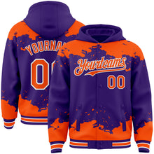 Load image into Gallery viewer, Custom Purple Orange-White Splash Art 3D Pattern Design Bomber Full-Snap Varsity Letterman Hoodie Jacket
