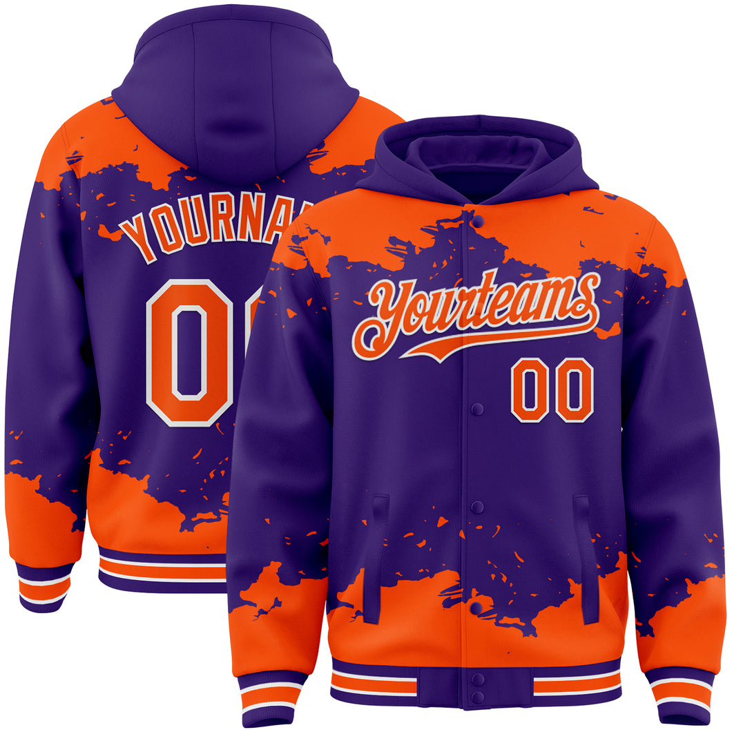 Custom Purple Orange-White Splash Art 3D Pattern Design Bomber Full-Snap Varsity Letterman Hoodie Jacket