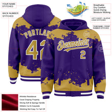 Load image into Gallery viewer, Custom Purple Old Gold-White Splash Art 3D Pattern Design Bomber Full-Snap Varsity Letterman Hoodie Jacket
