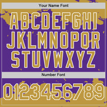 Load image into Gallery viewer, Custom Purple Old Gold-White Splash Art 3D Pattern Design Bomber Full-Snap Varsity Letterman Hoodie Jacket
