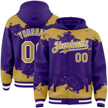 Custom Purple Old Gold-White Splash Art 3D Pattern Design Bomber Full-Snap Varsity Letterman Hoodie Jacket