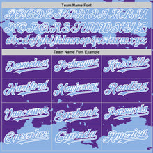 Load image into Gallery viewer, Custom Purple Light Blue-White Splash Art 3D Pattern Design Bomber Full-Snap Varsity Letterman Hoodie Jacket
