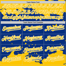 Load image into Gallery viewer, Custom Royal Yellow-White Splash Art 3D Pattern Design Bomber Full-Snap Varsity Letterman Hoodie Jacket
