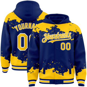 Custom Royal Yellow-White Splash Art 3D Pattern Design Bomber Full-Snap Varsity Letterman Hoodie Jacket