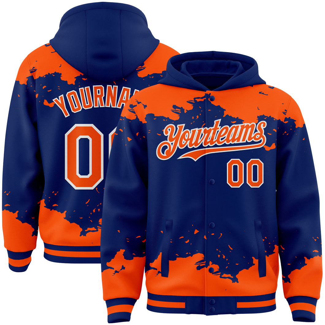 Custom Royal Orange-White Splash Art 3D Pattern Design Bomber Full-Snap Varsity Letterman Hoodie Jacket