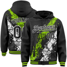 Load image into Gallery viewer, Custom Black Neon Green-White Splash Art 3D Pattern Design Bomber Full-Snap Varsity Letterman Hoodie Jacket
