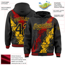 Load image into Gallery viewer, Custom Black Red-Gold Splash Art 3D Pattern Design Bomber Full-Snap Varsity Letterman Hoodie Jacket
