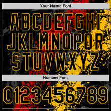 Load image into Gallery viewer, Custom Black Red-Gold Splash Art 3D Pattern Design Bomber Full-Snap Varsity Letterman Hoodie Jacket
