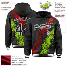 Load image into Gallery viewer, Custom Black Red Neon Green-White Splash Art 3D Pattern Design Bomber Full-Snap Varsity Letterman Hoodie Jacket
