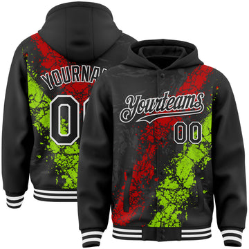 Custom Black Red Neon Green-White Splash Art 3D Pattern Design Bomber Full-Snap Varsity Letterman Hoodie Jacket