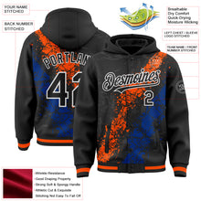 Load image into Gallery viewer, Custom Black Orange Royal-White Splash Art 3D Pattern Design Bomber Full-Snap Varsity Letterman Hoodie Jacket
