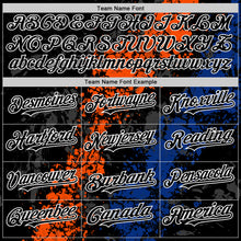Load image into Gallery viewer, Custom Black Orange Royal-White Splash Art 3D Pattern Design Bomber Full-Snap Varsity Letterman Hoodie Jacket
