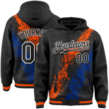 Load image into Gallery viewer, Custom Black Orange Royal-White Splash Art 3D Pattern Design Bomber Full-Snap Varsity Letterman Hoodie Jacket
