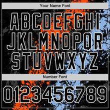 Load image into Gallery viewer, Custom Black Orange Light Blue-White Splash Art 3D Pattern Design Bomber Full-Snap Varsity Letterman Hoodie Jacket
