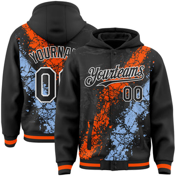 Custom Black Orange Light Blue-White Splash Art 3D Pattern Design Bomber Full-Snap Varsity Letterman Hoodie Jacket